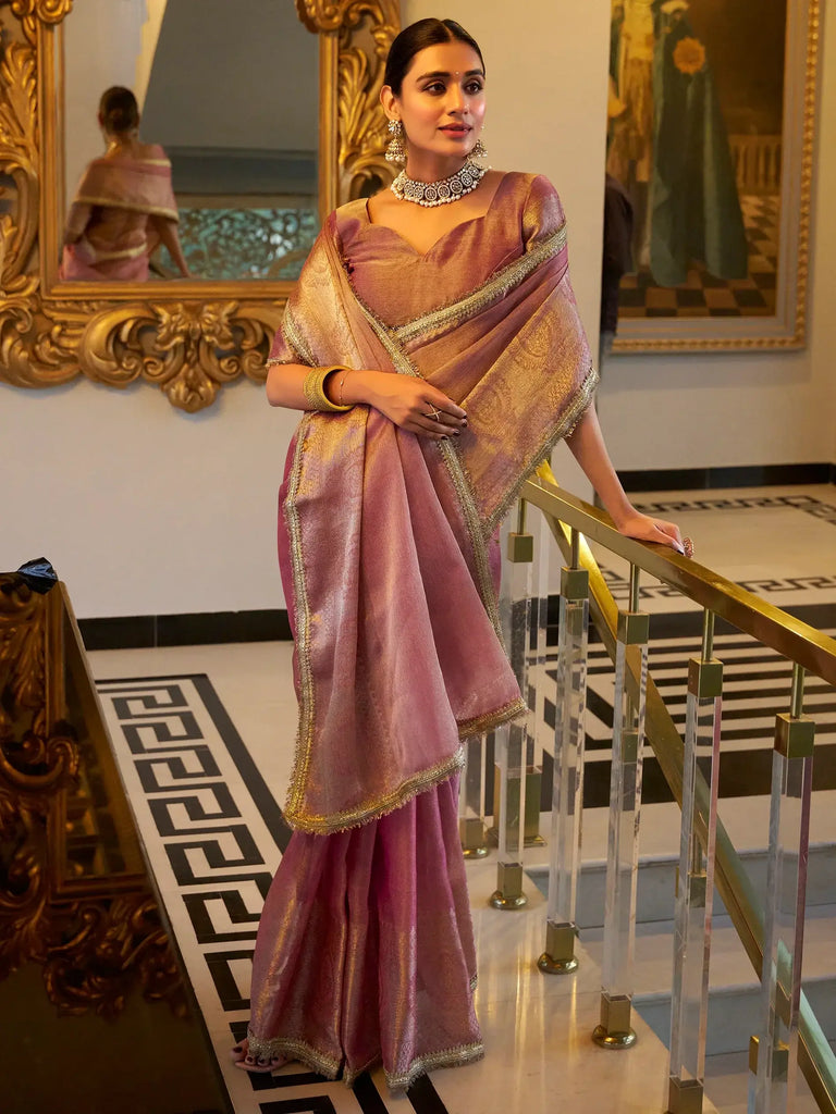 Pink Tissue Shimmer Saree Roohri