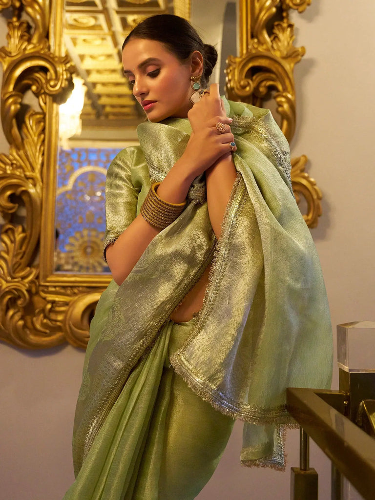 Pista Green Tissue Shimmer Saree Roohri