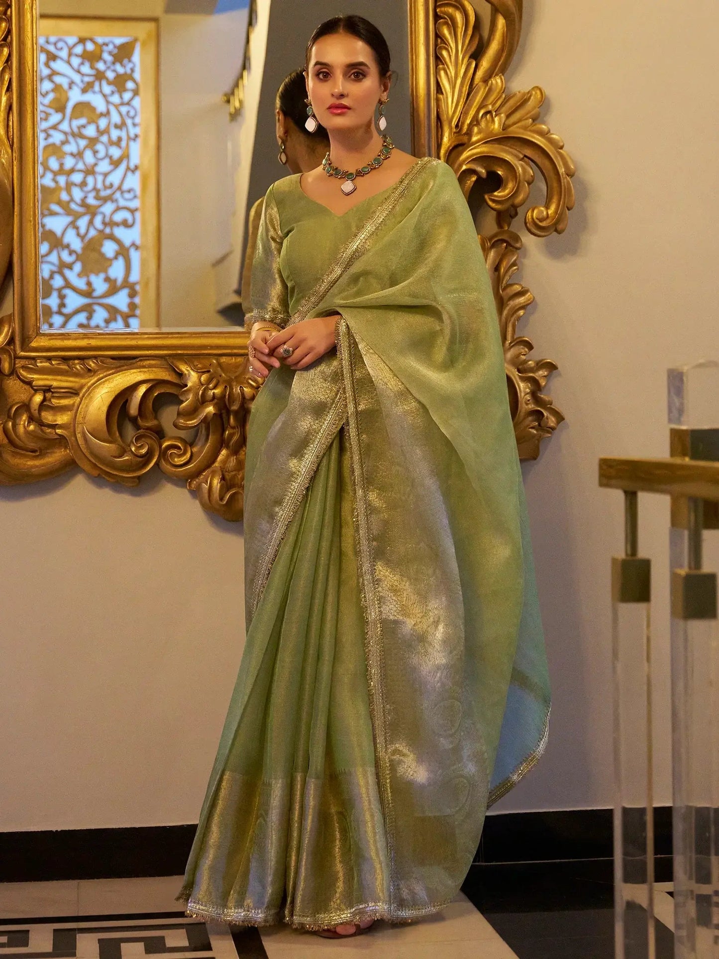 Pista Green Tissue Shimmer Saree Roohri