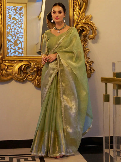 Pista Green Tissue Shimmer Saree Roohri