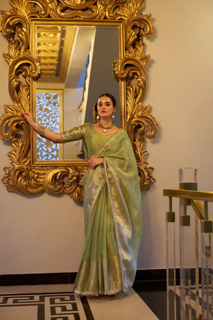 Pista Green Tissue Shimmer Saree Roohri