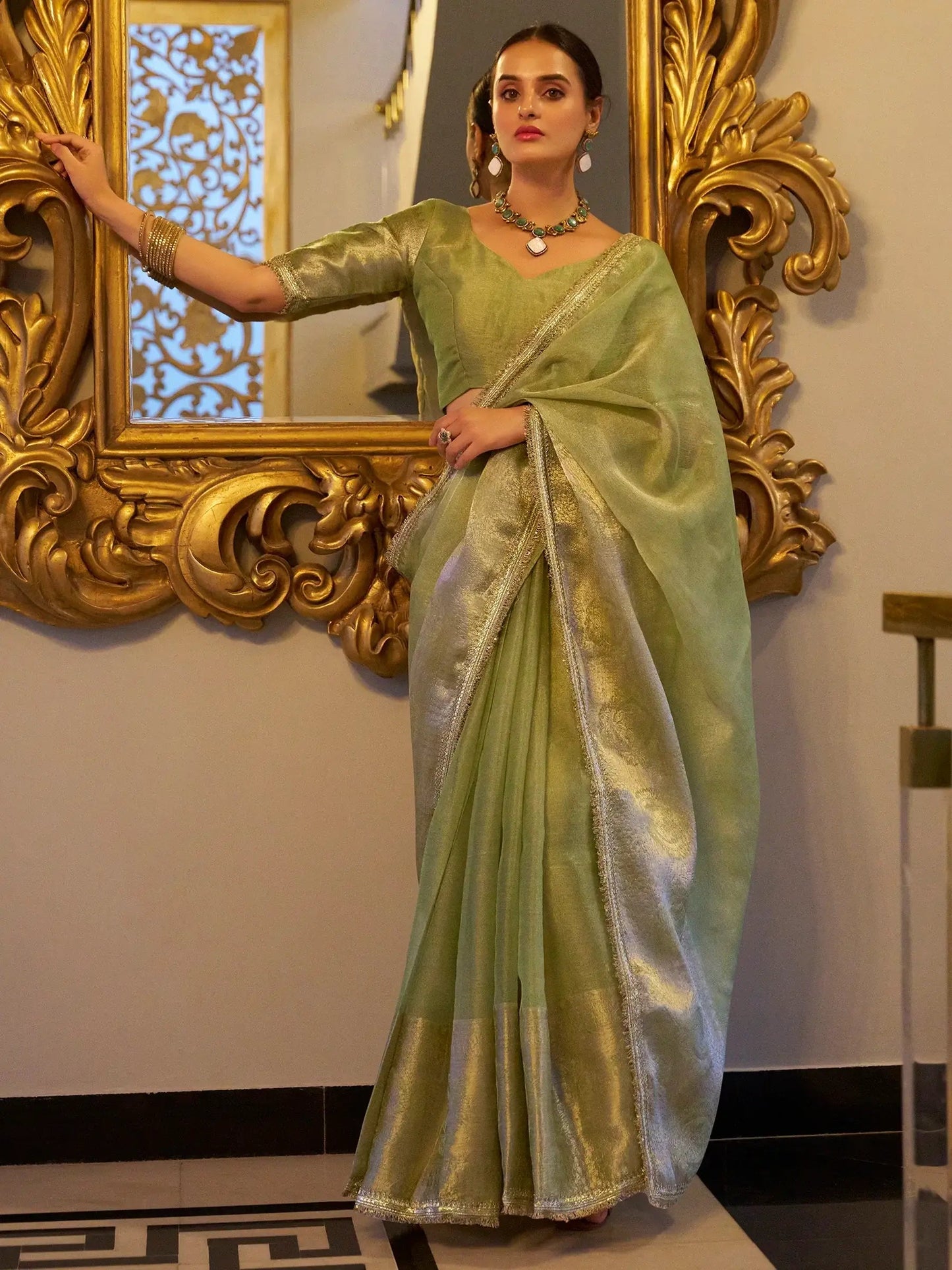 Pista Green Tissue Shimmer Saree Roohri