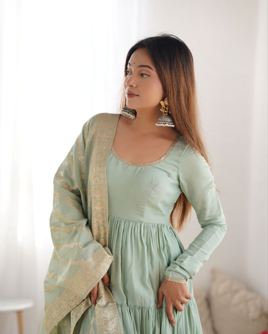 Pista Green Anarkali Suit Set Roohri