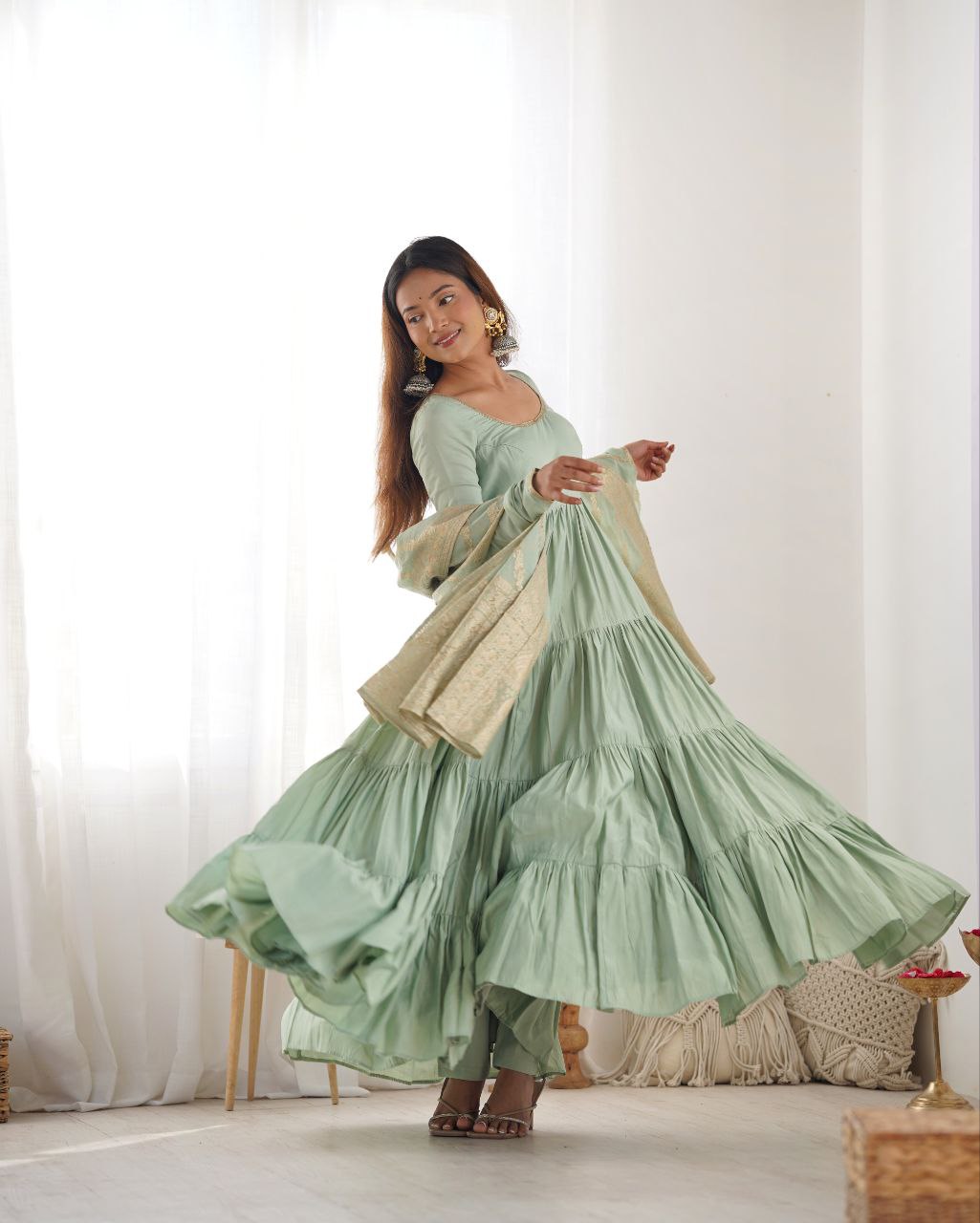 Pista Green Anarkali Suit Set Roohri