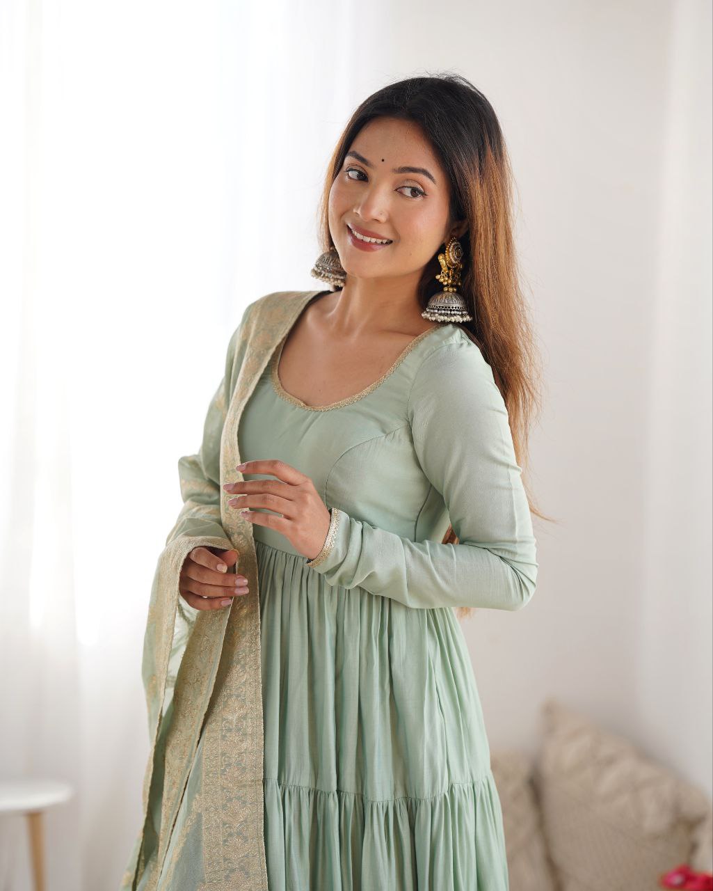 Pista Green Anarkali Suit Set Roohri