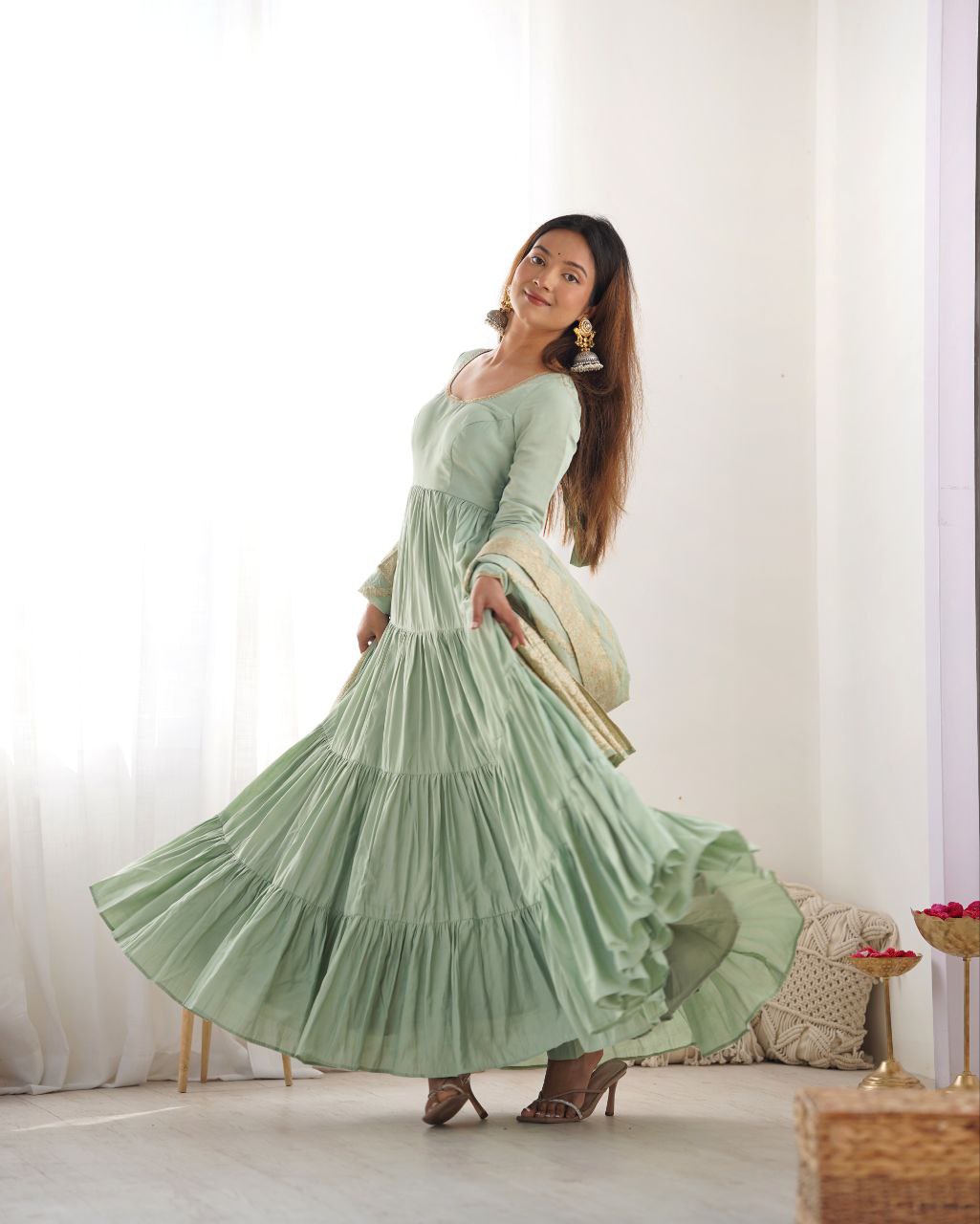 Pista Green Anarkali Suit Set Roohri