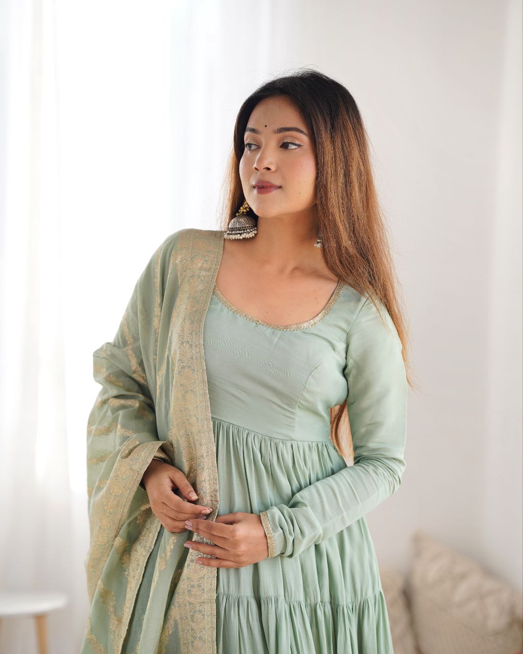 Pista Green Anarkali Suit Set Roohri