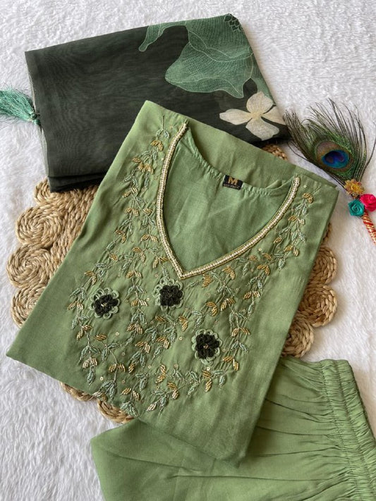 Pista Green Embroidered Suit Set Roohri