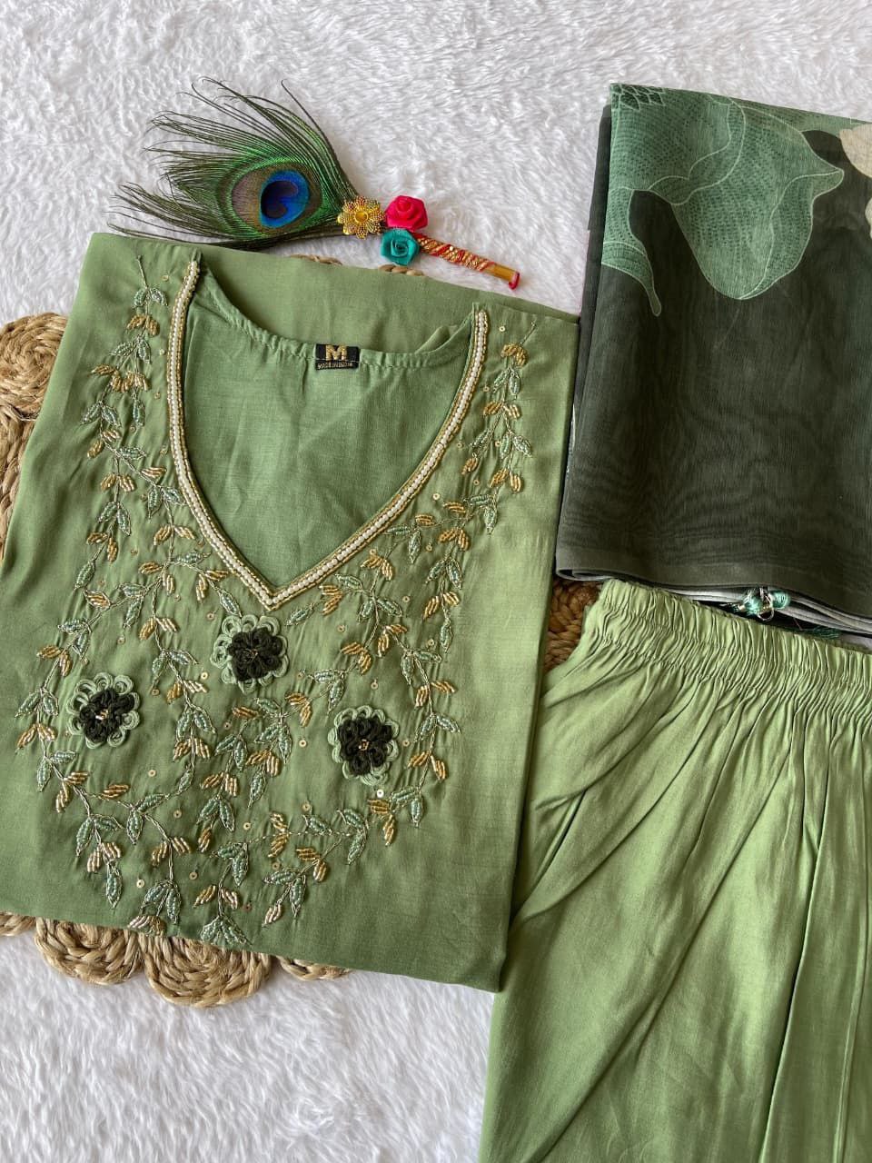 Pista Green Embroidered Suit Set Roohri