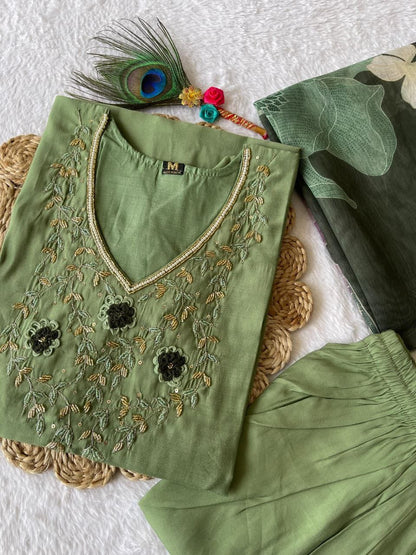 Pista Green Embroidered Suit Set Roohri
