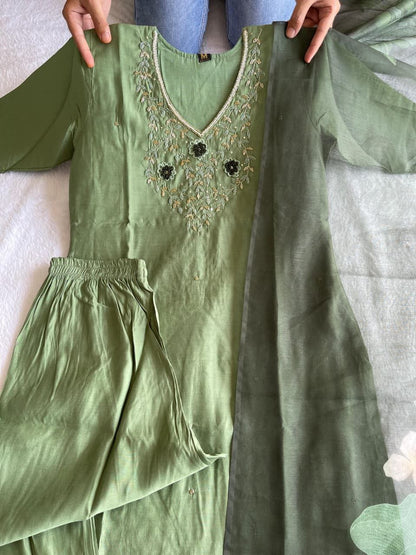 Pista Green Embroidered Suit Set Roohri