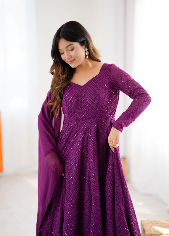 Purple Chikankari Anarkali Suit Set Roohri