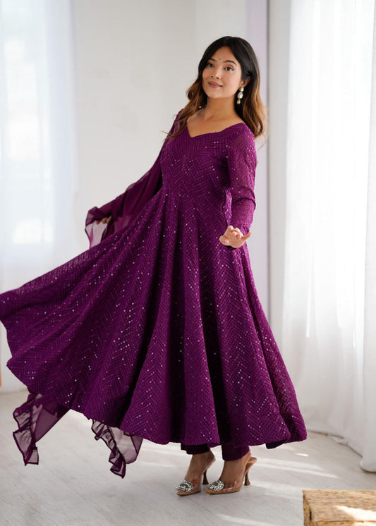 Purple Chikankari Anarkali Suit Set Roohri