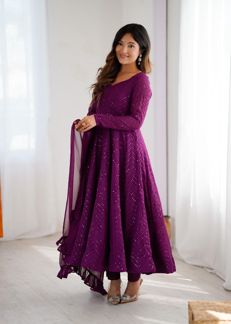 Purple Chikankari Anarkali Suit Set Roohri