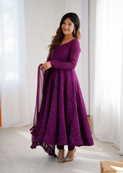 Purple Chikankari Anarkali Suit Set Roohri