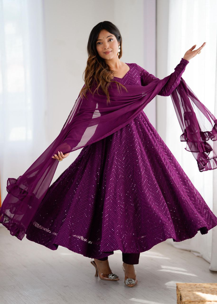 Purple Chikankari Anarkali Suit Set Roohri