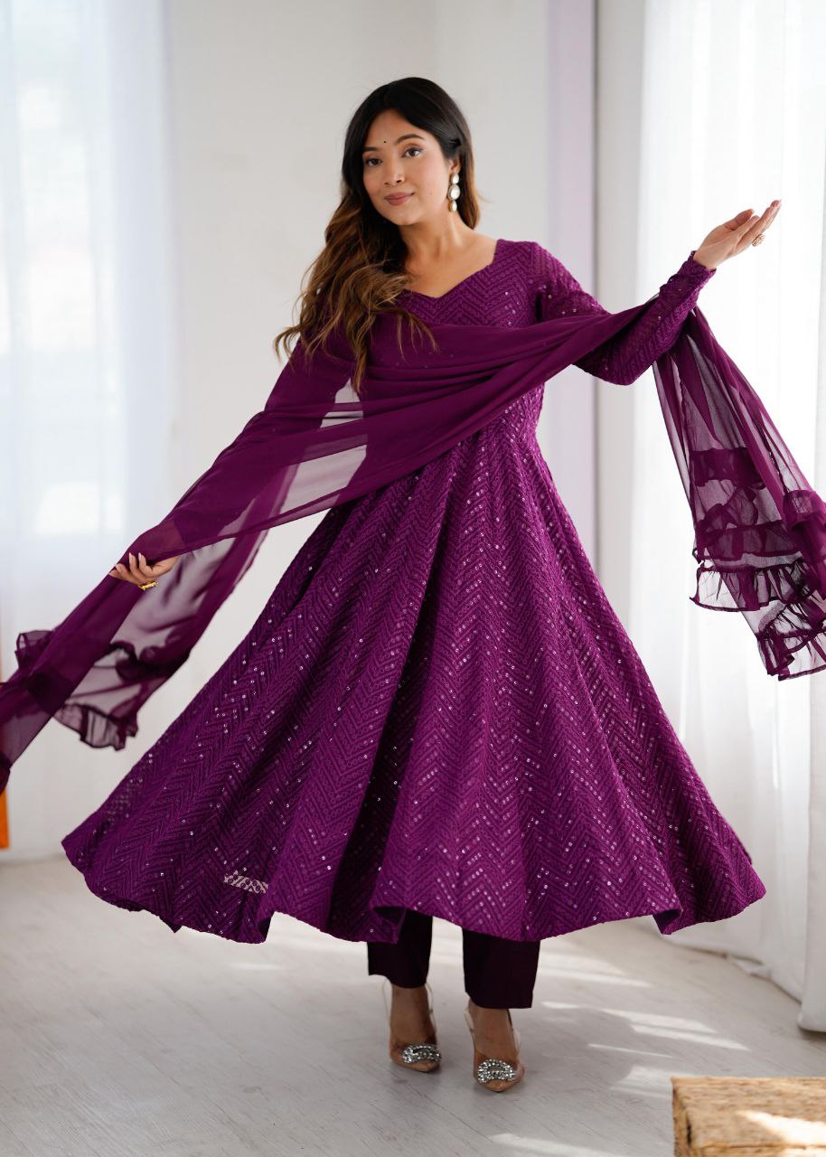 Purple Chikankari Anarkali Suit Set Roohri