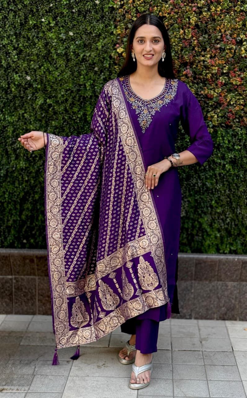 Purple Embroidered Suit Set Roohri