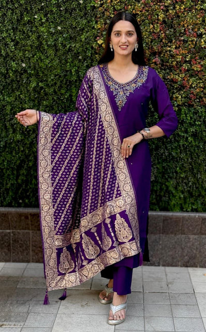 Purple Embroidered Suit Set Roohri