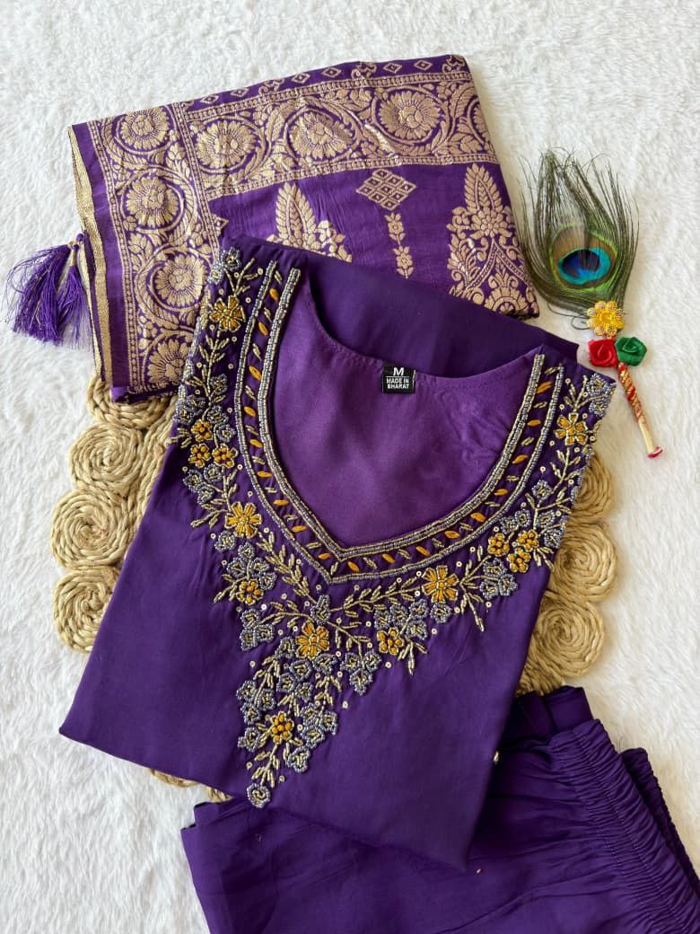 Purple Embroidered Suit Set Roohri
