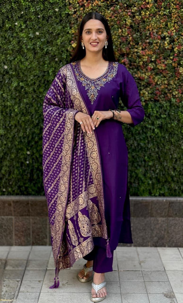 Purple Embroidered Suit Set Roohri