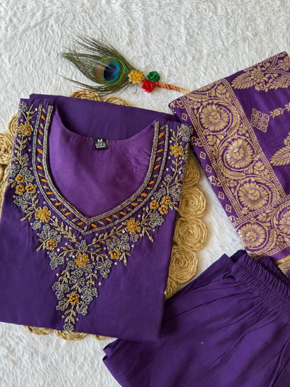 Purple Embroidered Suit Set Roohri