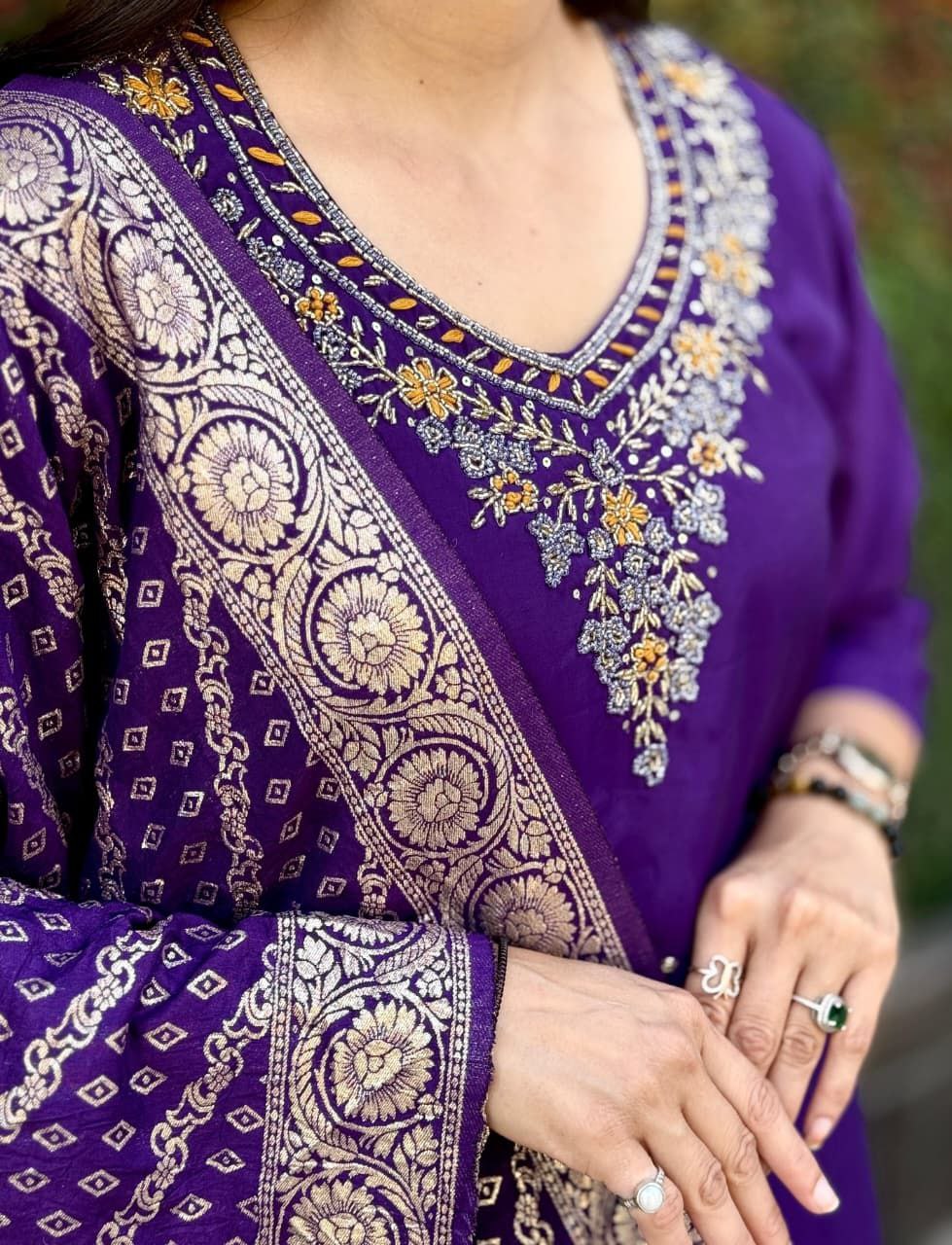 Purple Embroidered Suit Set Roohri