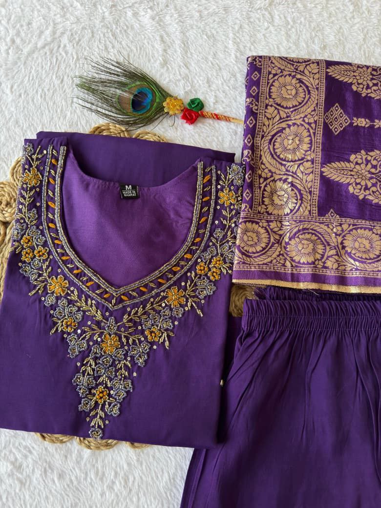 Purple Embroidered Suit Set Roohri