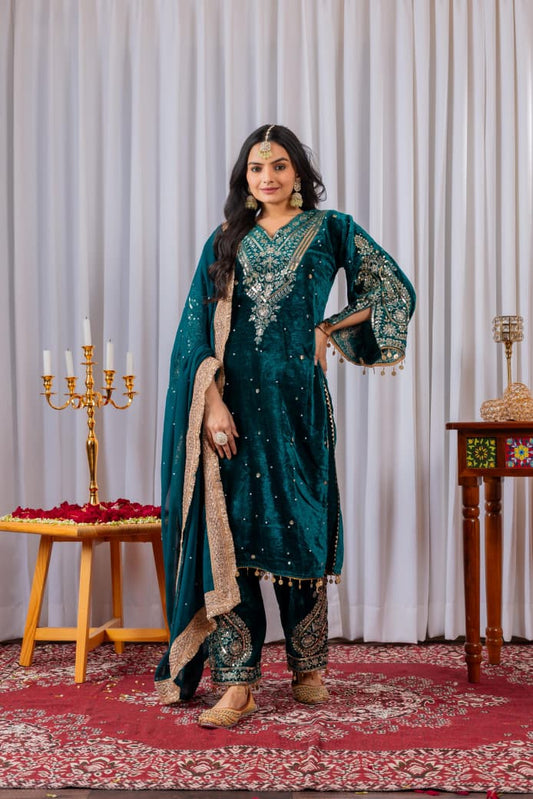 Rama Green Velvet Suit Set Roohri