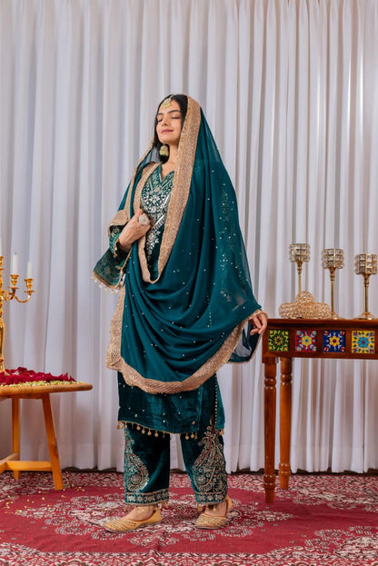 Rama Green Velvet Suit Set Roohri