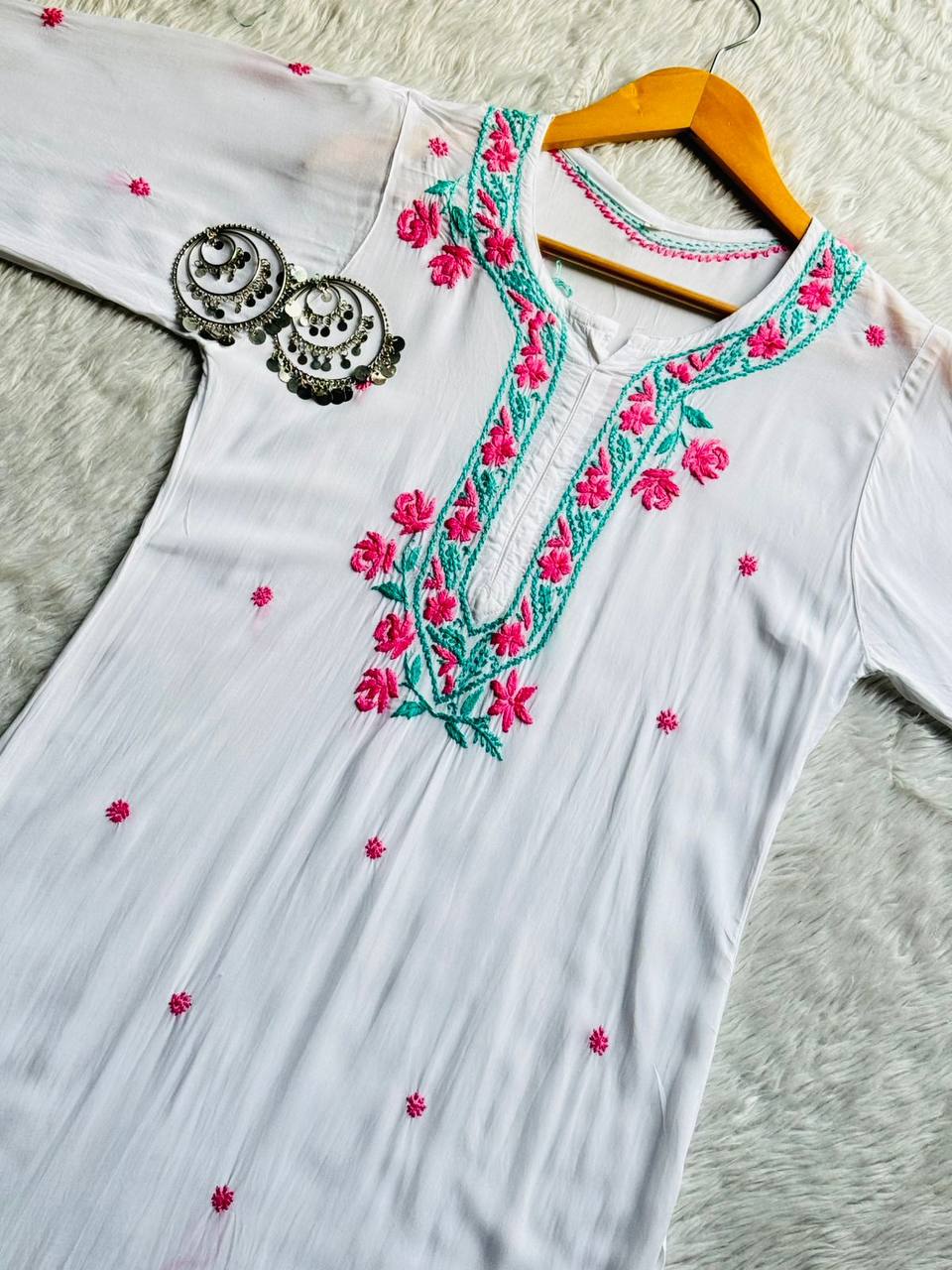 Modal White Chikankari Kurti Set Roohri