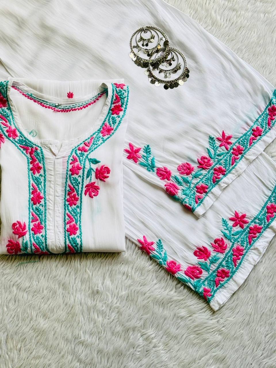Modal White Chikankari Kurti Set Roohri