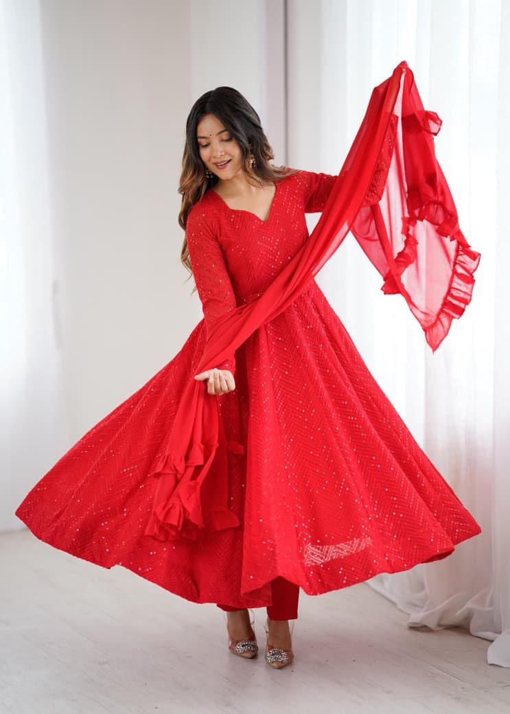 Red Chikankari Anarkali Suit Set Roohri