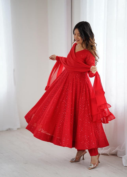 Red Chikankari Anarkali Suit Set Roohri