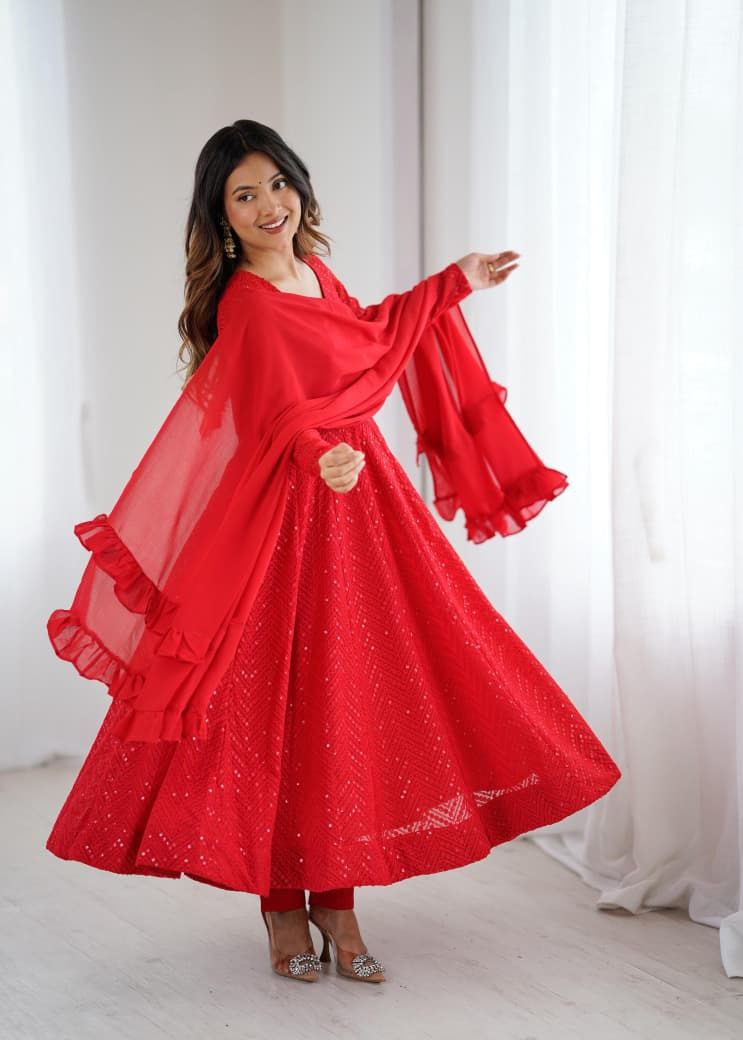 Red Chikankari Anarkali Suit Set Roohri