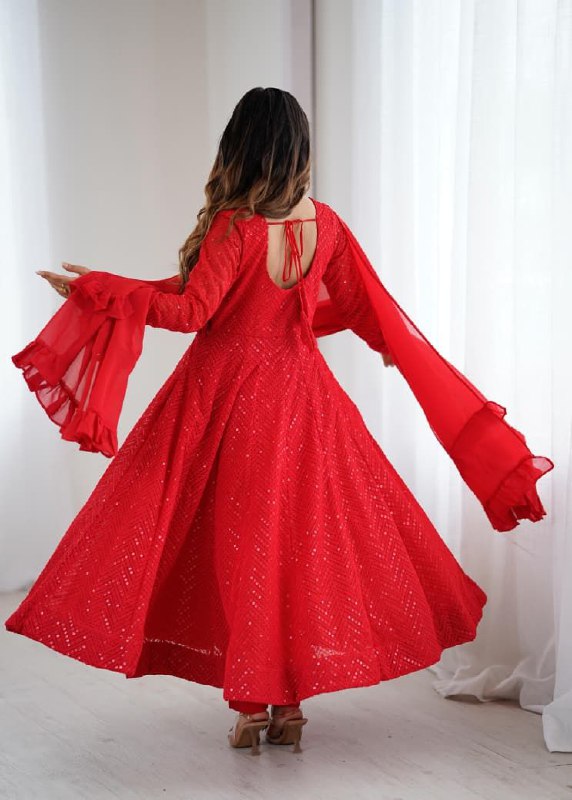 Red Chikankari Anarkali Suit Set Roohri
