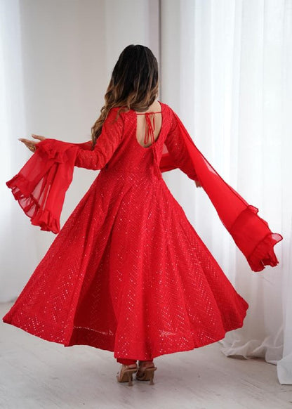 Red Chikankari Anarkali Suit Set Roohri