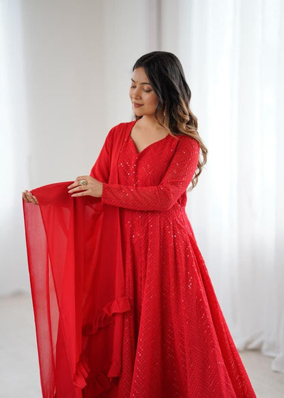 Red Chikankari Anarkali Suit Set Roohri