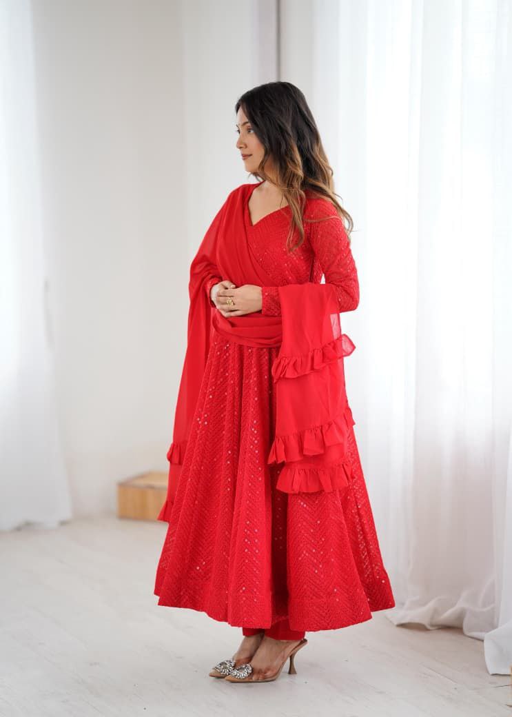 Red Chikankari Anarkali Suit Set Roohri