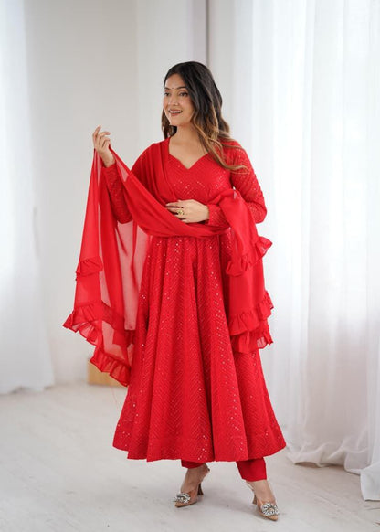 Red Chikankari Anarkali Suit Set Roohri