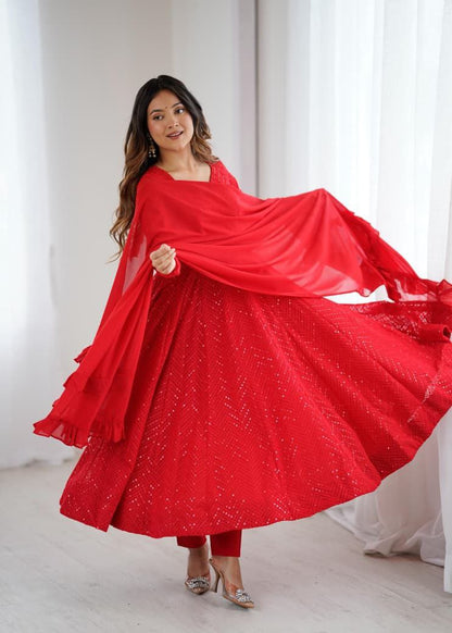 Red Chikankari Anarkali Suit Set Roohri