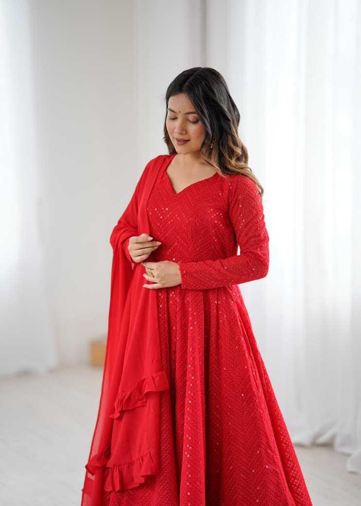Red Chikankari Anarkali Suit Set Roohri