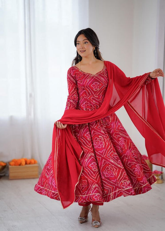 Bhanej Red Anarkali Suit Set Roohri