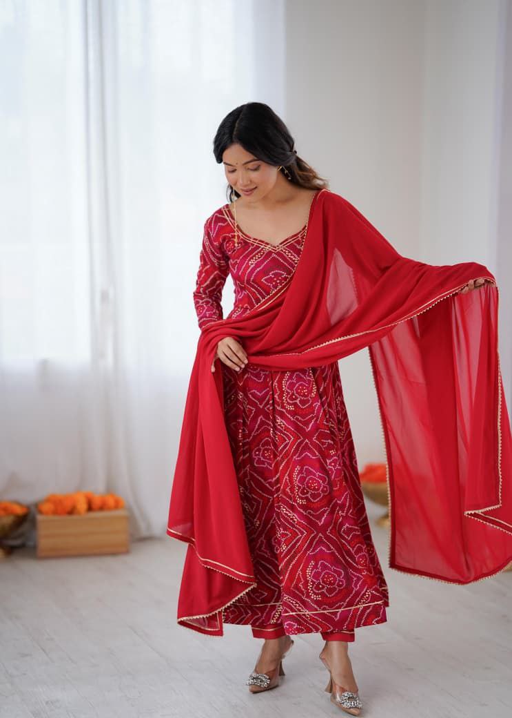 Bhanej Red Anarkali Suit Set Roohri