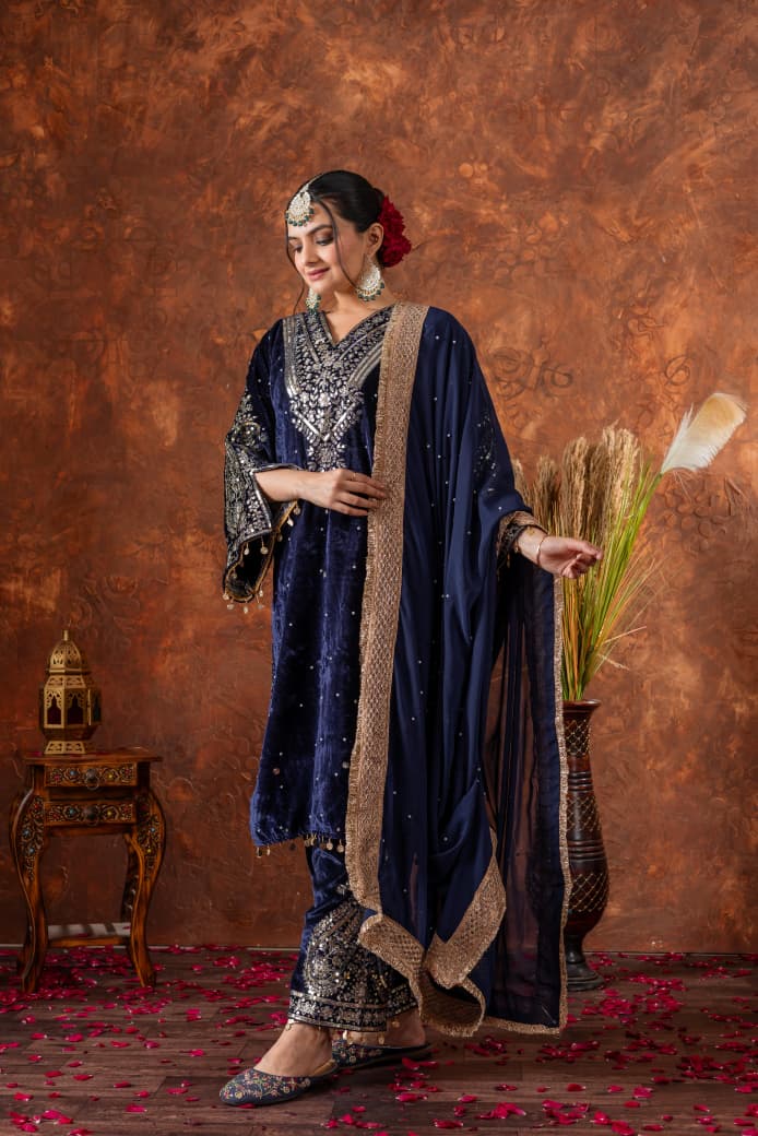 Royal Blue Velvet Suit Set Roohri
