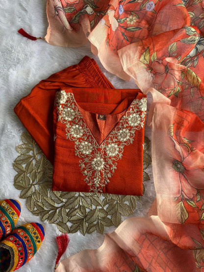 Rust Orange Embroidered Suit Set Roohri