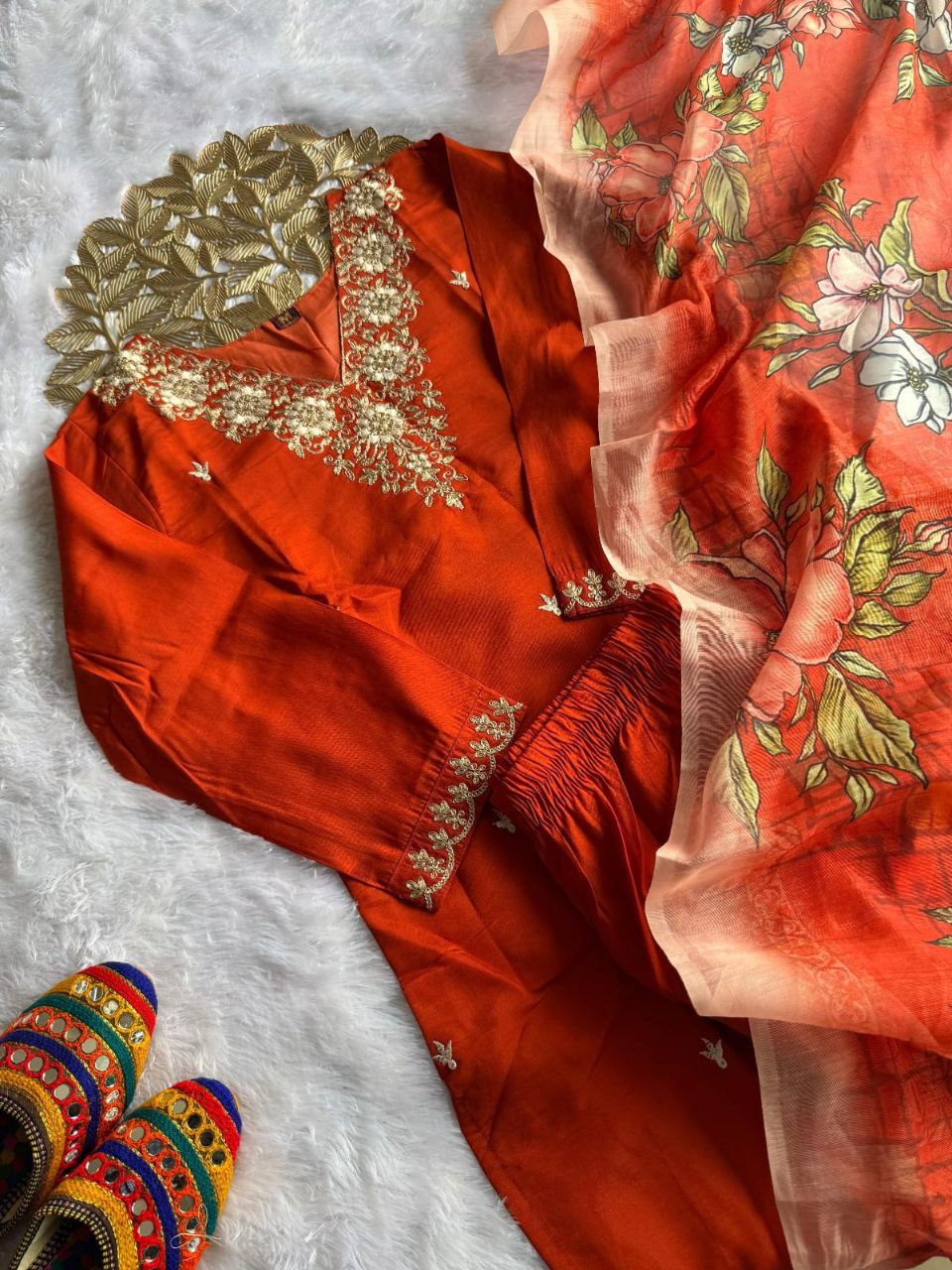 Rust Orange Embroidered Suit Set Roohri