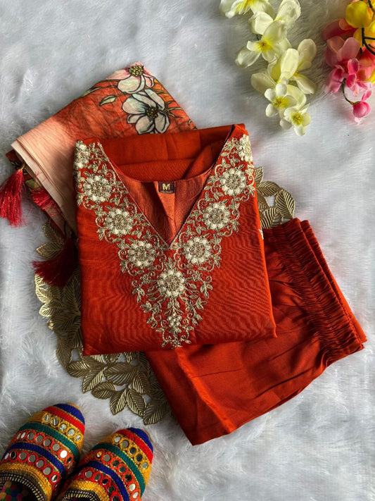 Rust Orange Embroidered Suit Set Roohri