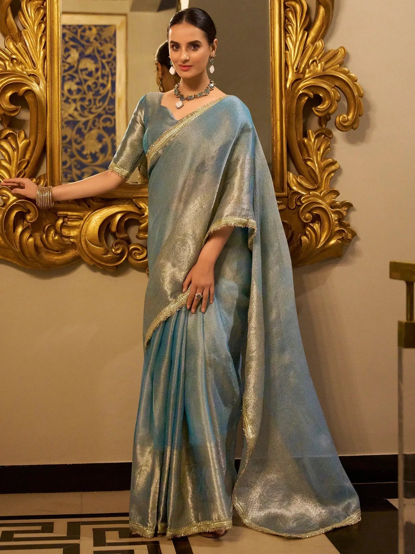 Sky Blue Tissue Shimmer Saree Roohri