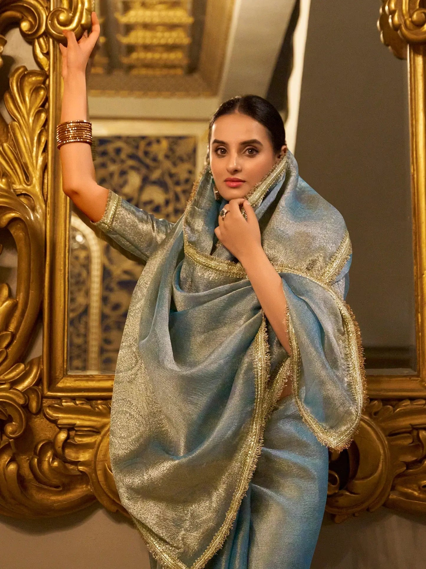 Sky Blue Tissue Shimmer Saree Roohri